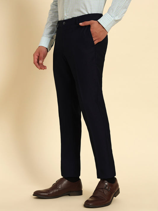 Men Navy Blue Self Design Regular Fit Formal Trouser