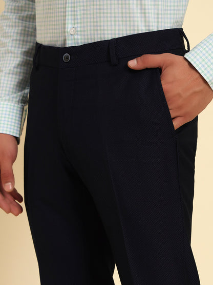 Men Navy Blue Self Design Regular Fit Formal Trouser