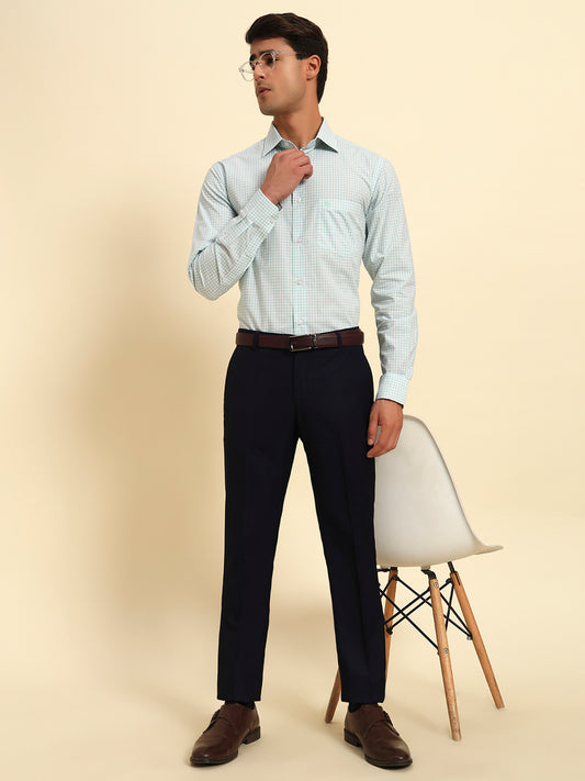 Men Navy Blue Self Design Regular Fit Formal Trouser