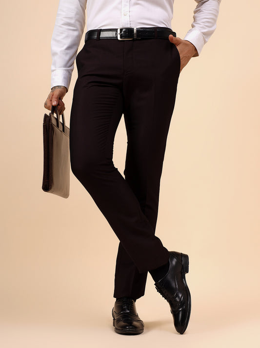 Men's Wine Self Design Non Plated Regular Fit Formal Trouser