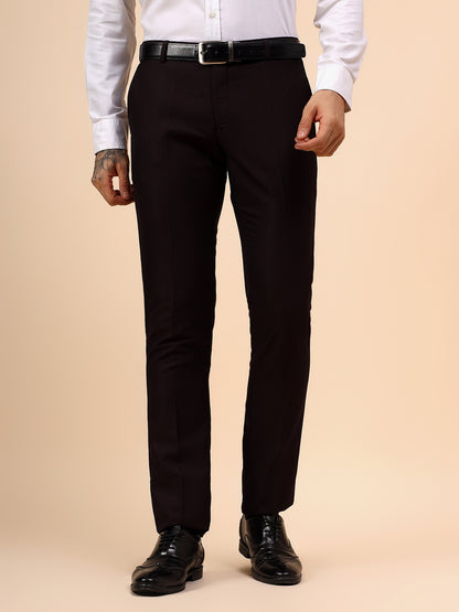 Men's Wine Self Design Non Plated Regular Fit Formal Trouser