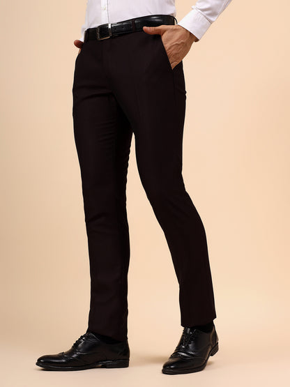 Men's Wine Self Design Non Plated Regular Fit Formal Trouser