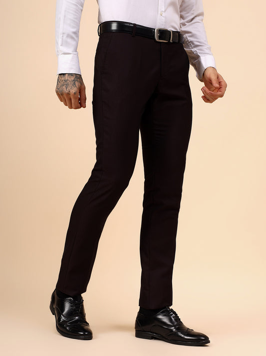Men's Wine Self Design Non Plated Regular Fit Formal Trouser