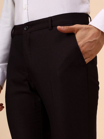 Men's Wine Self Design Non Plated Regular Fit Formal Trouser