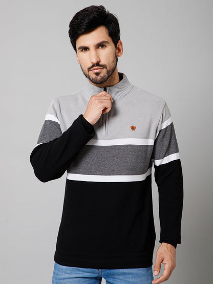 Striped Black Mock Collar Full Sleeves Regular Fit Casual Sweater For Mens