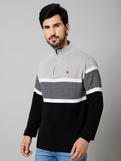 Striped Black Mock Collar Full Sleeves Regular Fit Casual Sweater For Mens