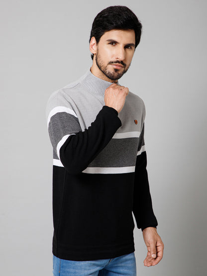 Striped Black Mock Collar Full Sleeves Regular Fit Casual Sweater For Mens