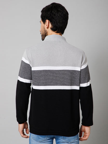 Striped Black Mock Collar Full Sleeves Regular Fit Casual Sweater For Mens