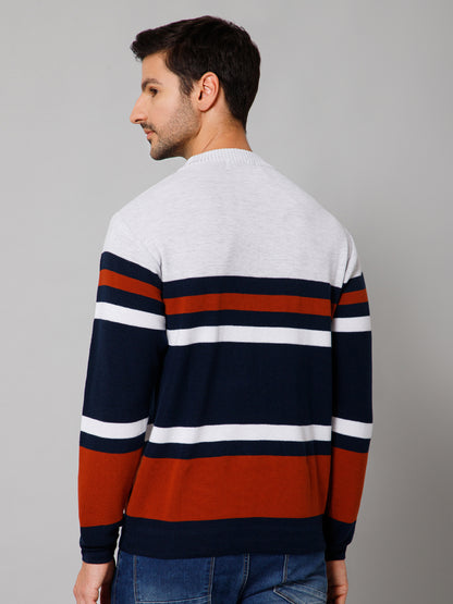 Stripe Rust Full Sleeves Round Neck Regular Fit Casual Sweater for Men