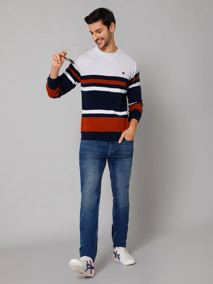 Stripe Rust Full Sleeves Round Neck Regular Fit Casual Sweater for Men