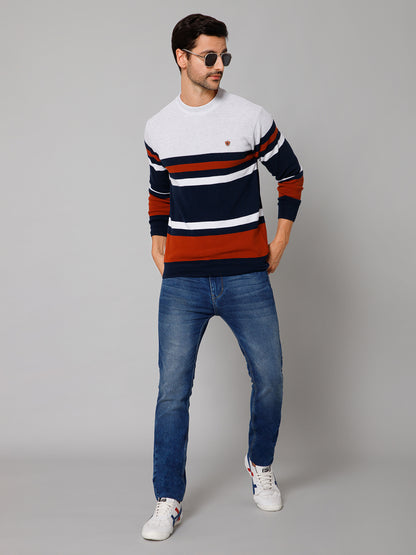 Stripe Rust Full Sleeves Round Neck Regular Fit Casual Sweater for Men