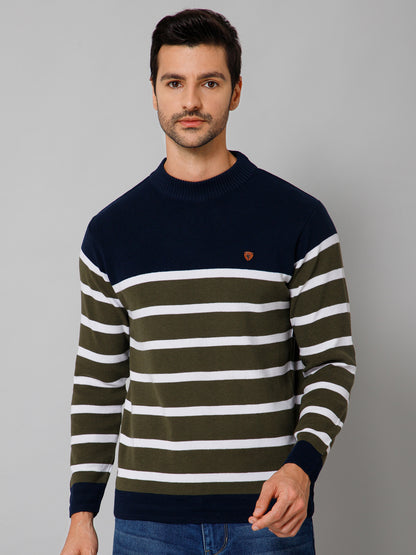 Stripe Green Full Sleeves Round Neck Regular Fit Casual Sweater for Men