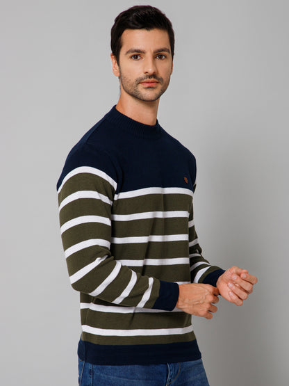 Stripe Green Full Sleeves Round Neck Regular Fit Casual Sweater for Men