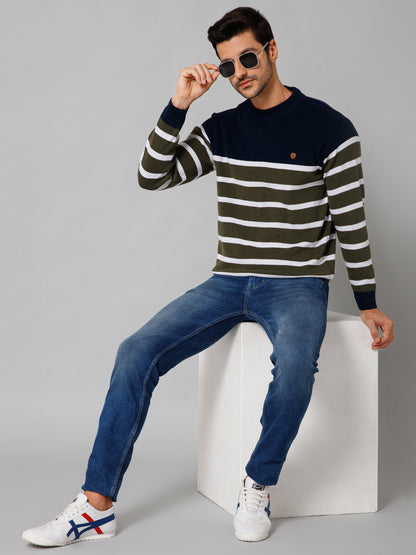 Stripe Green Full Sleeves Round Neck Regular Fit Casual Sweater for Men