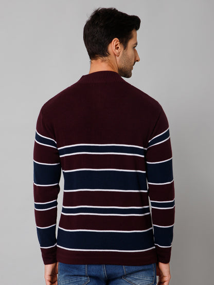 Stripe Wine Full Sleeves Band Collar Regular Fit Casual Sweater for Men