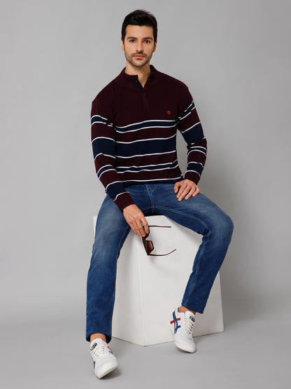 Stripe Wine Full Sleeves Band Collar Regular Fit Casual Sweater for Men