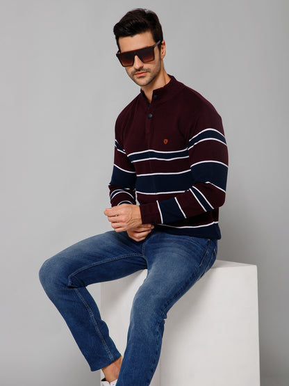 Stripe Wine Full Sleeves Band Collar Regular Fit Casual Sweater for Men