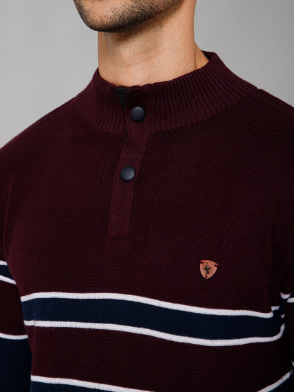 Stripe Wine Full Sleeves Band Collar Regular Fit Casual Sweater for Men