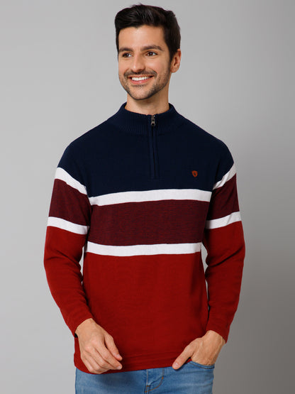 Stripe Red Full Sleeves Band Collar Regular Fit Casual Sweater for Men