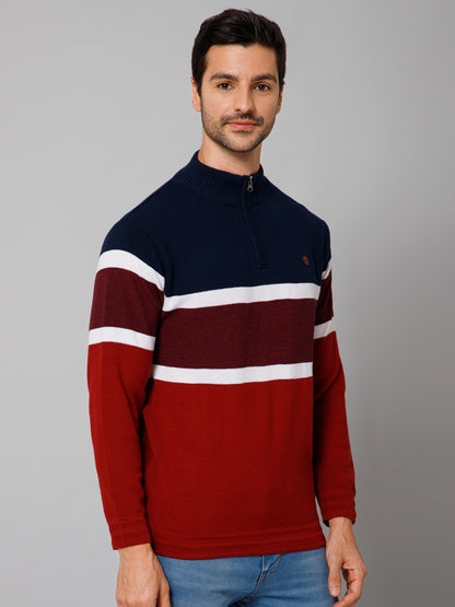 Stripe Red Full Sleeves Band Collar Regular Fit Casual Sweater for Men