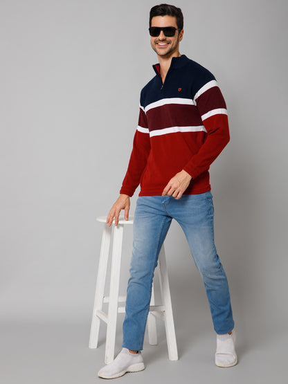 Stripe Red Full Sleeves Band Collar Regular Fit Casual Sweater for Men