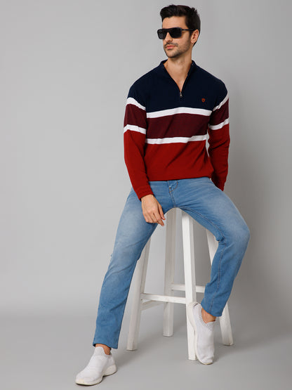 Stripe Red Full Sleeves Band Collar Regular Fit Casual Sweater for Men