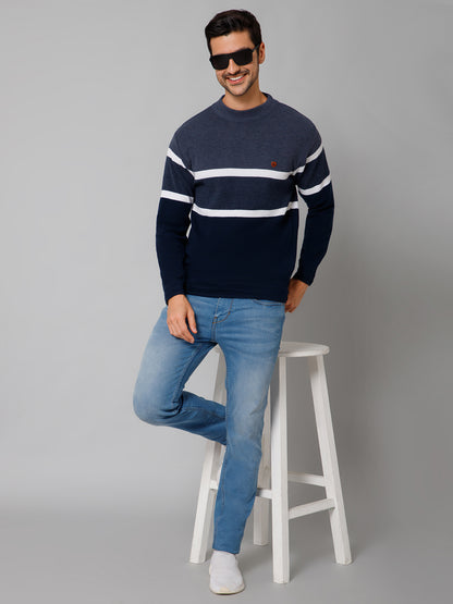 Stripe Navy Blue Full Sleeves Round Neck Regular Fit Casual Sweater for Men