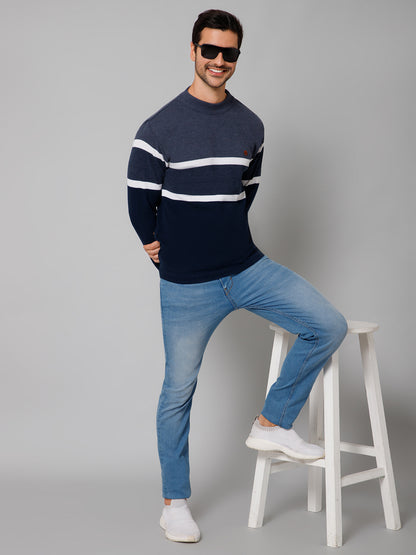 Stripe Navy Blue Full Sleeves Round Neck Regular Fit Casual Sweater for Men