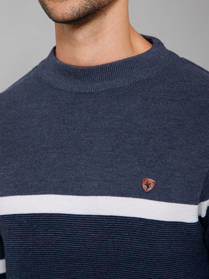 Stripe Navy Blue Full Sleeves Round Neck Regular Fit Casual Sweater for Men