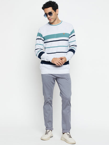 Striped Grey Full Sleeves Round Neck Regular Fit Casual Sweater for Men