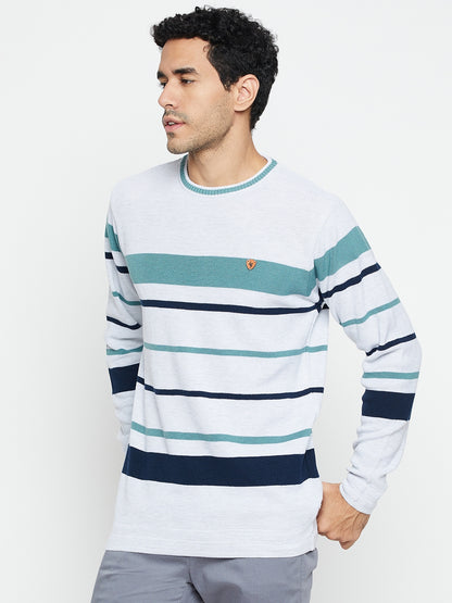 Striped Grey Full Sleeves Round Neck Regular Fit Casual Sweater for Men