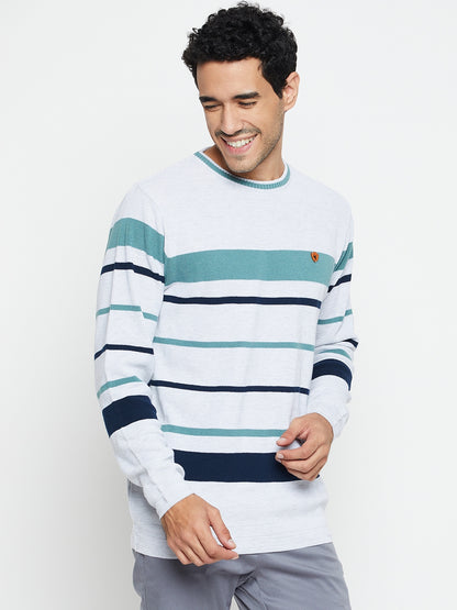 Striped Grey Full Sleeves Round Neck Regular Fit Casual Sweater for Men