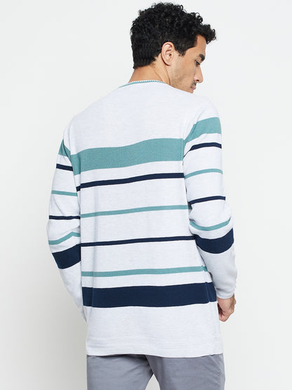 Striped Grey Full Sleeves Round Neck Regular Fit Casual Sweater for Men