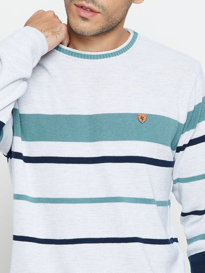 Striped Grey Full Sleeves Round Neck Regular Fit Casual Sweater for Men