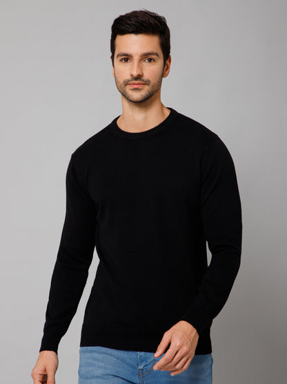 Solid Black Full Sleeves Round Neck Regular Fit Casual Sweater for Men