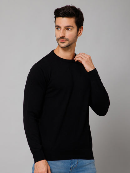 Solid Black Full Sleeves Round Neck Regular Fit Casual Sweater for Men