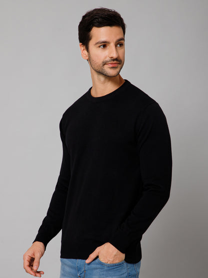 Solid Black Full Sleeves Round Neck Regular Fit Casual Sweater for Men