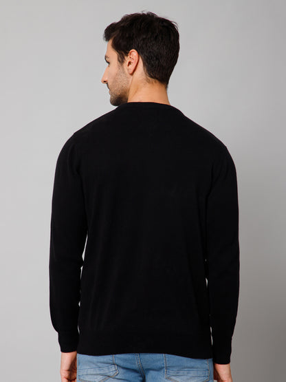 Solid Black Full Sleeves Round Neck Regular Fit Casual Sweater for Men