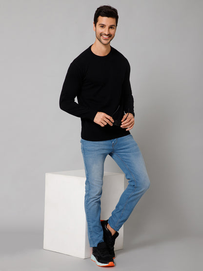 Solid Black Full Sleeves Round Neck Regular Fit Casual Sweater for Men