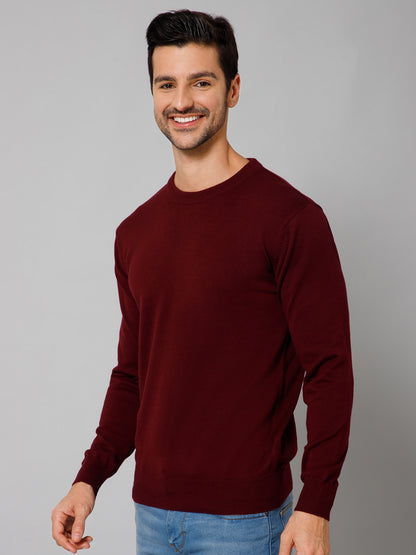 Solid Wine Full Sleeves Round Neck Regular Fit Casual Sweater for Men