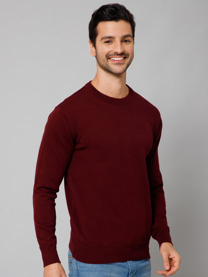 Solid Wine Full Sleeves Round Neck Regular Fit Casual Sweater for Men