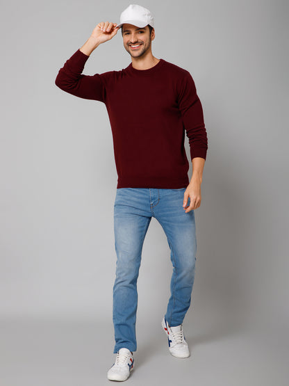 Solid Wine Full Sleeves Round Neck Regular Fit Casual Sweater for Men