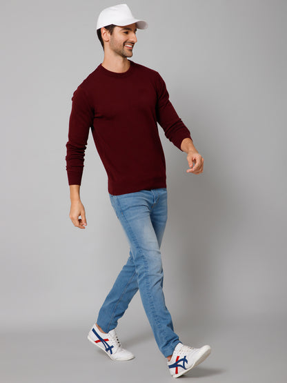 Solid Wine Full Sleeves Round Neck Regular Fit Casual Sweater for Men