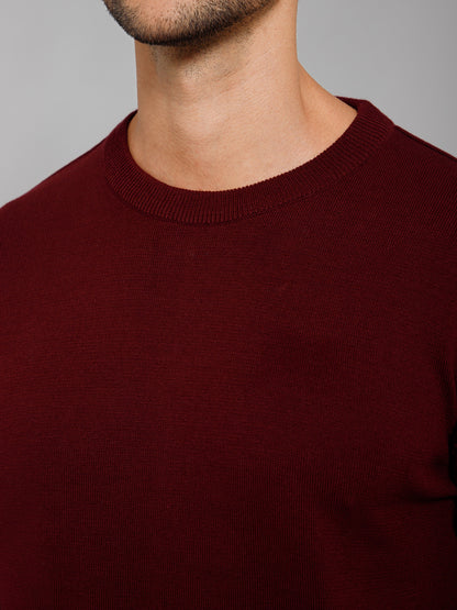 Solid Wine Full Sleeves Round Neck Regular Fit Casual Sweater for Men