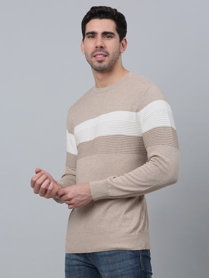 Striped Beige Full Sleeves Round Neck Regular Fit Casual Light Winter Sweater for Men