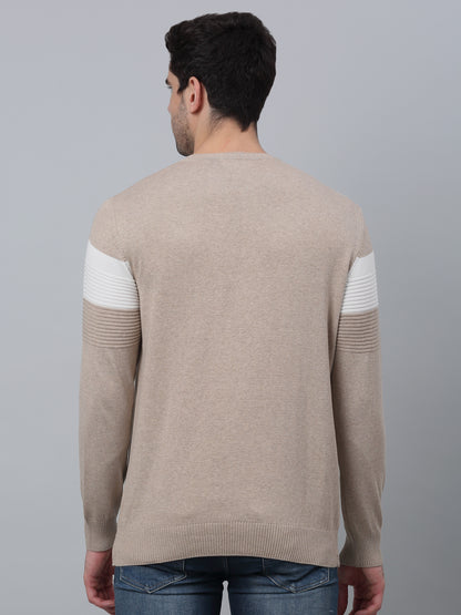 Striped Beige Full Sleeves Round Neck Regular Fit Casual Light Winter Sweater for Men