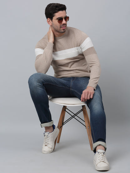 Striped Beige Full Sleeves Round Neck Regular Fit Casual Light Winter Sweater for Men