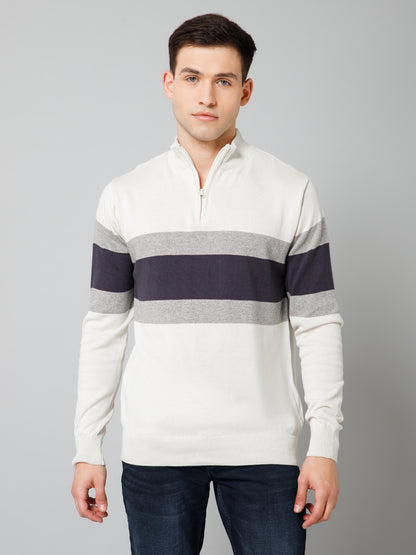 Striped Off White Full Sleeves Mock Collar Regular Fit Casual Sweater for Men