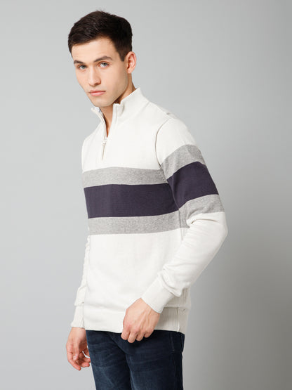 Striped Off White Full Sleeves Mock Collar Regular Fit Casual Sweater for Men