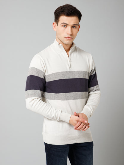 Striped Off White Full Sleeves Mock Collar Regular Fit Casual Sweater for Men